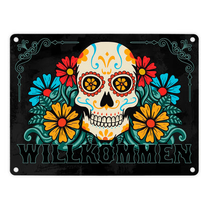 Willkommen Metallschild in 15x20 cm mit Totenkopf und Blumenmotiv