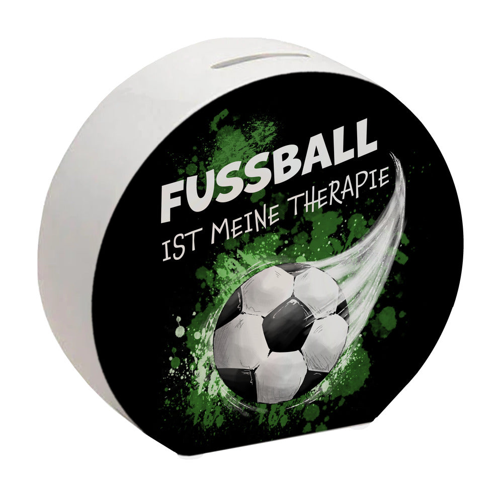 Fußball ist meine Therapie Spardose mit Fußball-Motiv in grün