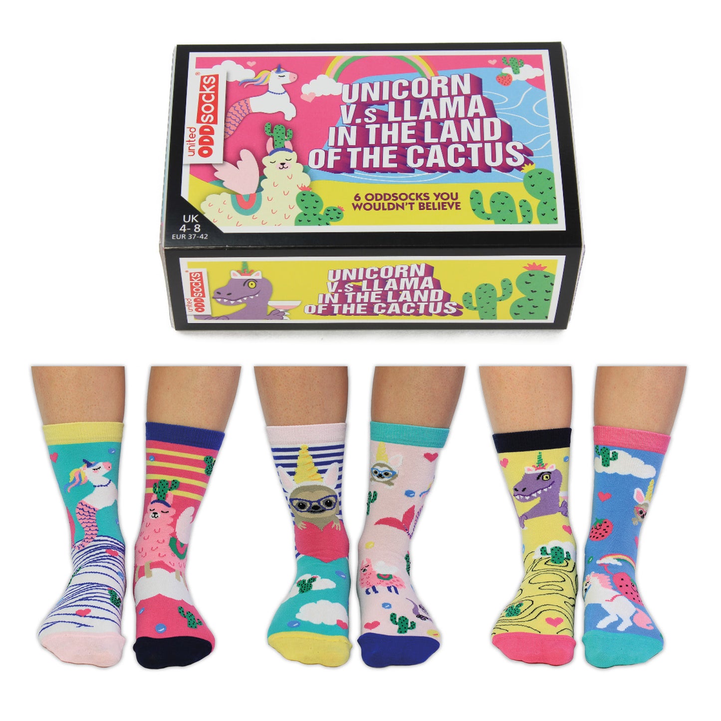 Einhorn vs. Lama im Kaktusland Oddsocks Socken in 37-42 im 6er Set