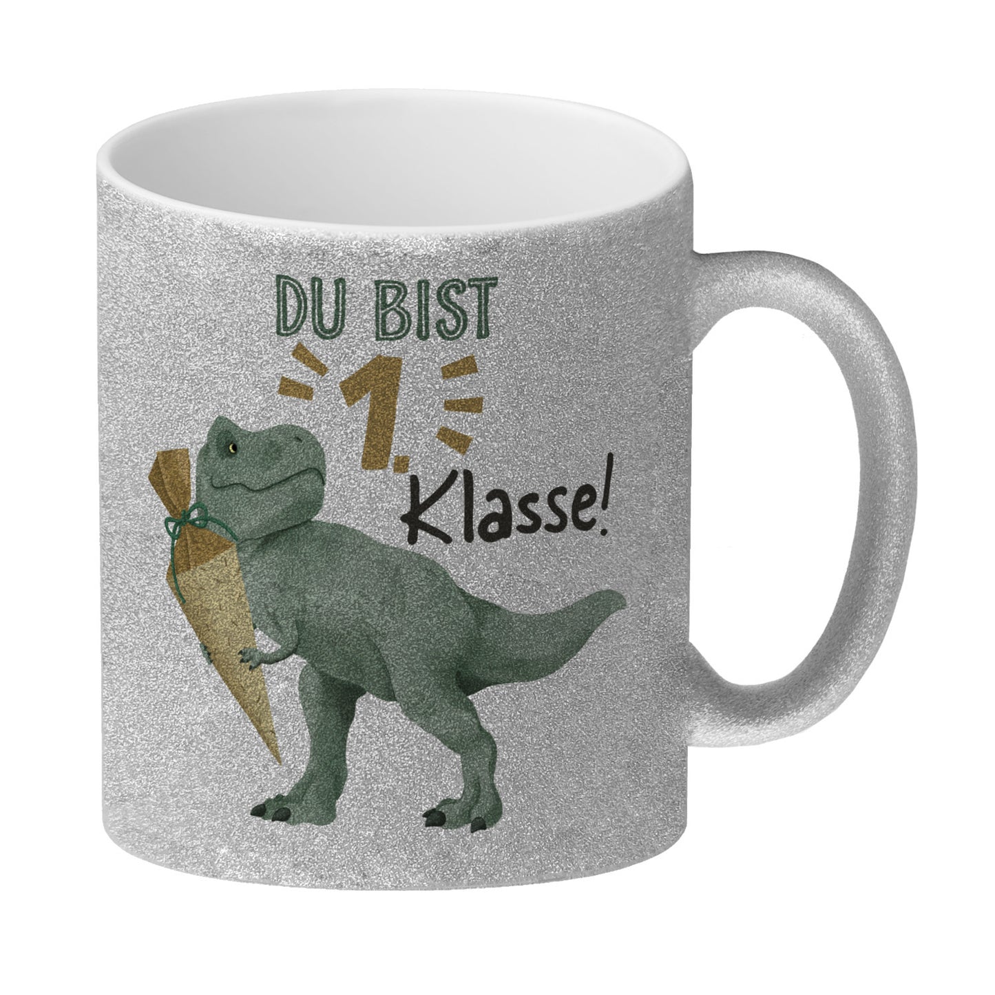 Dino mit Schultüte Glitzer-Kaffeebecher mit Spruch Du bist 1. Klasse!