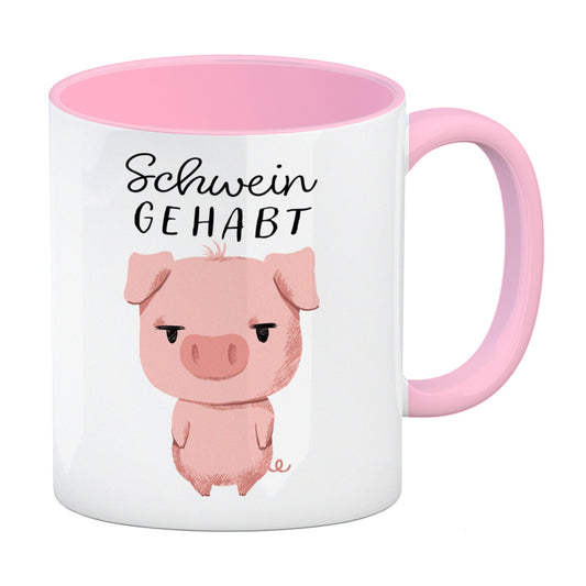 Ferkel Kaffeebecher in rosa mit Spruch Schwein gehabt