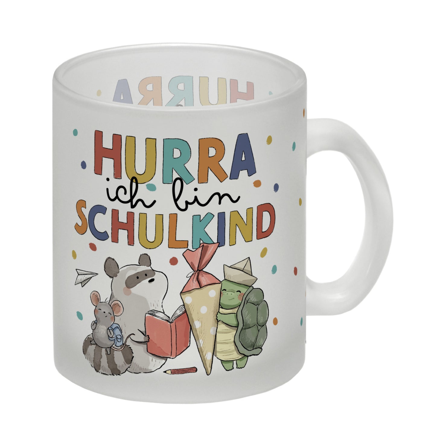 Tiere zur Einschulung Glas Tasse mit Spruch Hurra ich bin Schulkind