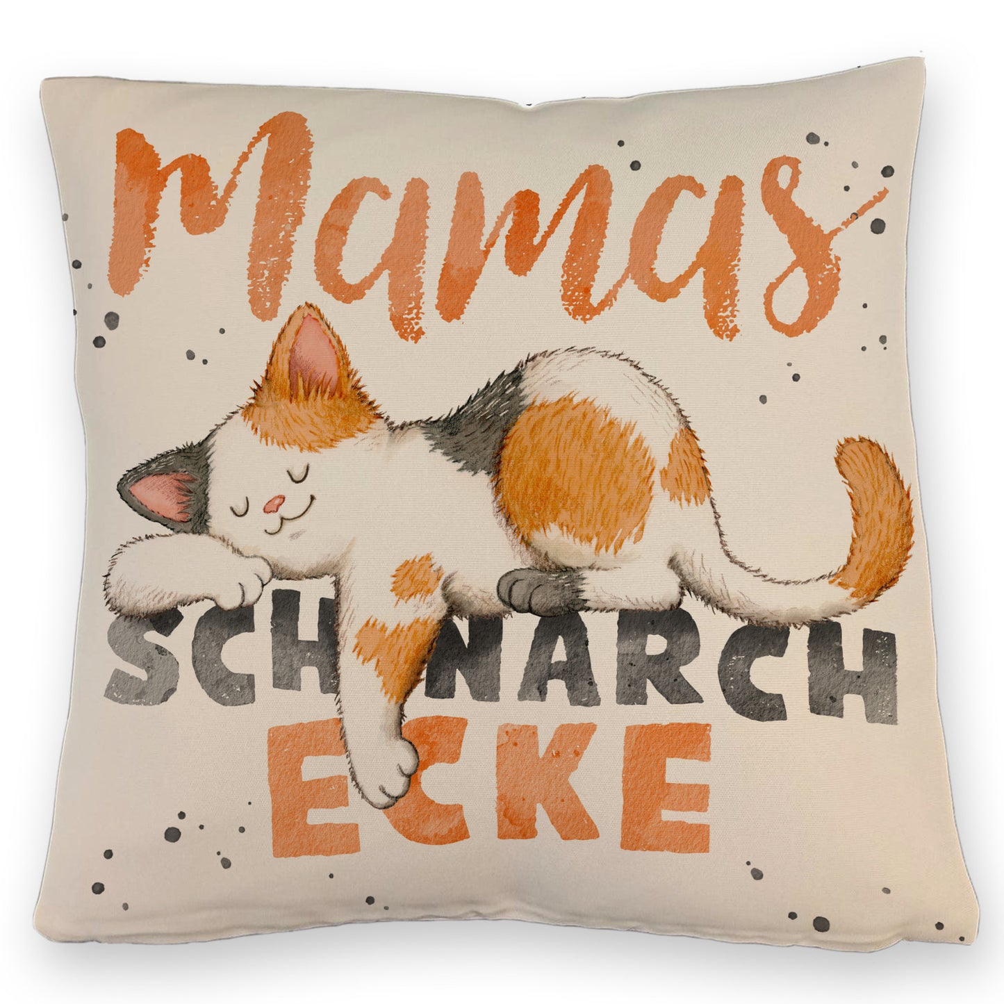 Orange Katze Kissen mit Leinenoptik mit Spruch Mamas Schnarchecke