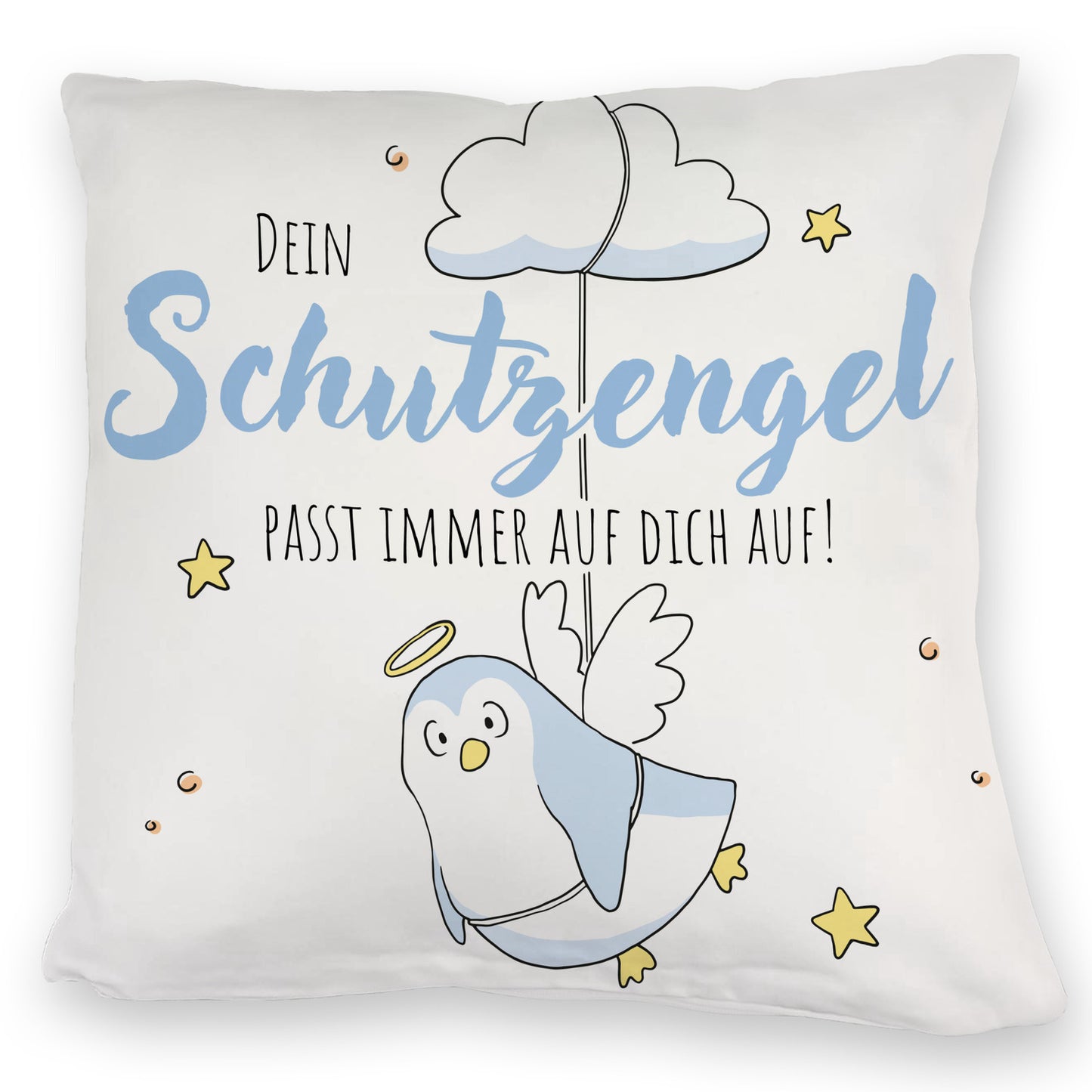 Schutzengel-Pinguin Kuschelkissen in blau mit Spruch passe immer auf dich auf