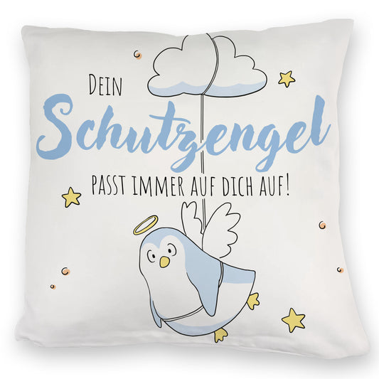 Schutzengel-Pinguin Kuschelkissen in blau mit Spruch passe immer auf dich auf