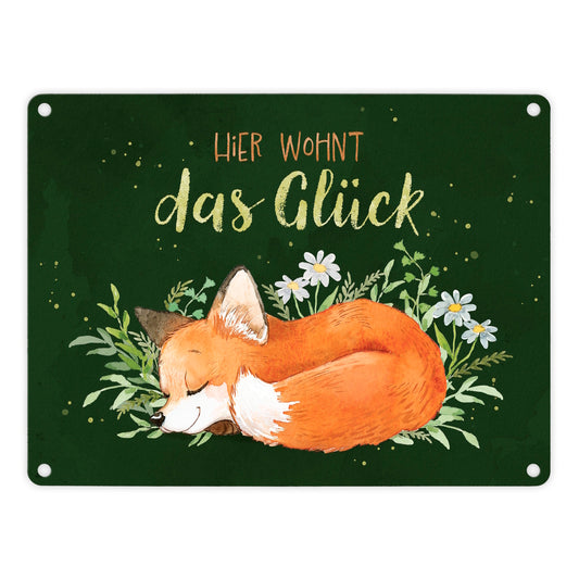 Fuchs Metallschild in 15x20 cm in grün mit Spruch Hier wohnt das Glück