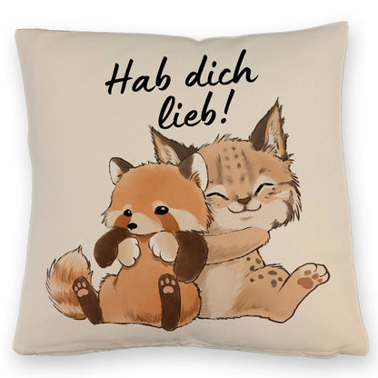 Luchs und Panda Kissen mit Leinenoptik mit Spruch Hab dich lieb