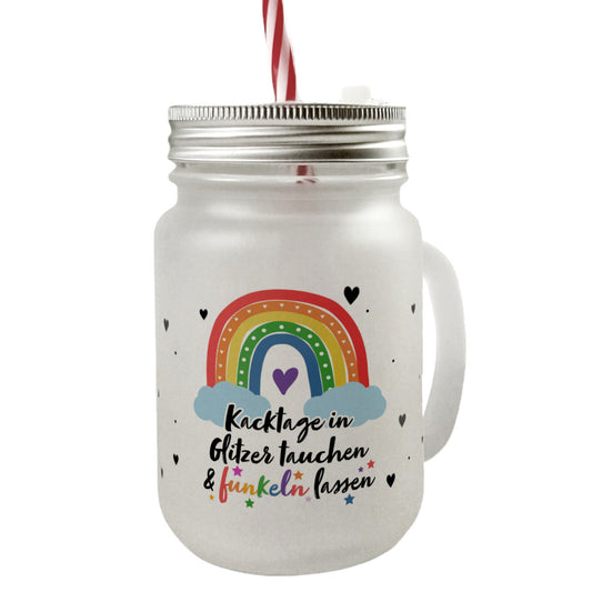 Regenbogen Mason Jar Henkel Trinkglas mit Deckel mit Spruch Kacktage in Glitzer tauchen