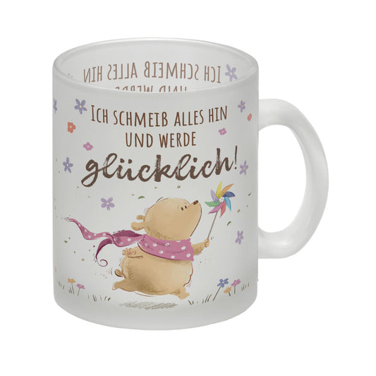 Glücklicher Bär Glas Tasse mit Spruch Ich schmeiß alles hin