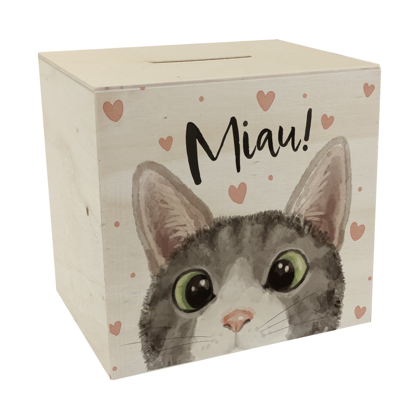 Miau Katze Spardose aus Holz