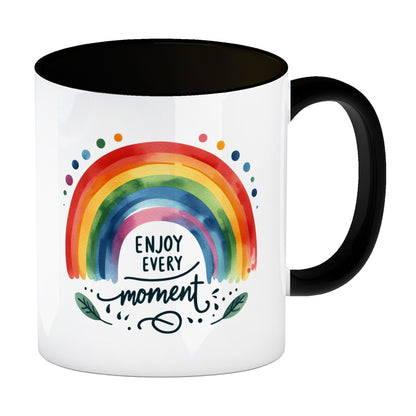 Regenbogen Kaffeebecher in schwarz mit Spruch Enjoy every moment