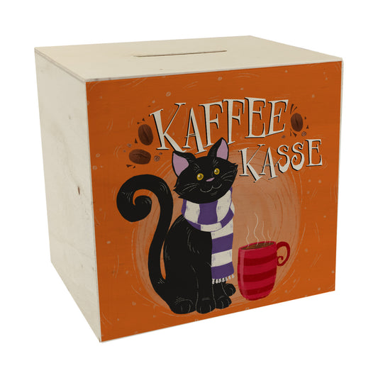 Herbstliche Kaffeekasse Spardose aus Holz mit schwarzer Katze