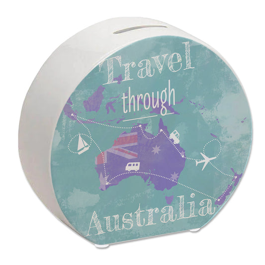 Spardose mit Australien Karte und Spruch - travel through Australien