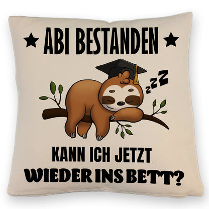 Abi bestanden Faultier Kissen mit Leinenoptik mit Spruch zurück ins Bett