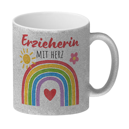 Regenbogen Glitzer-Kaffeebecher mit Spruch Erzieherin mit Herz