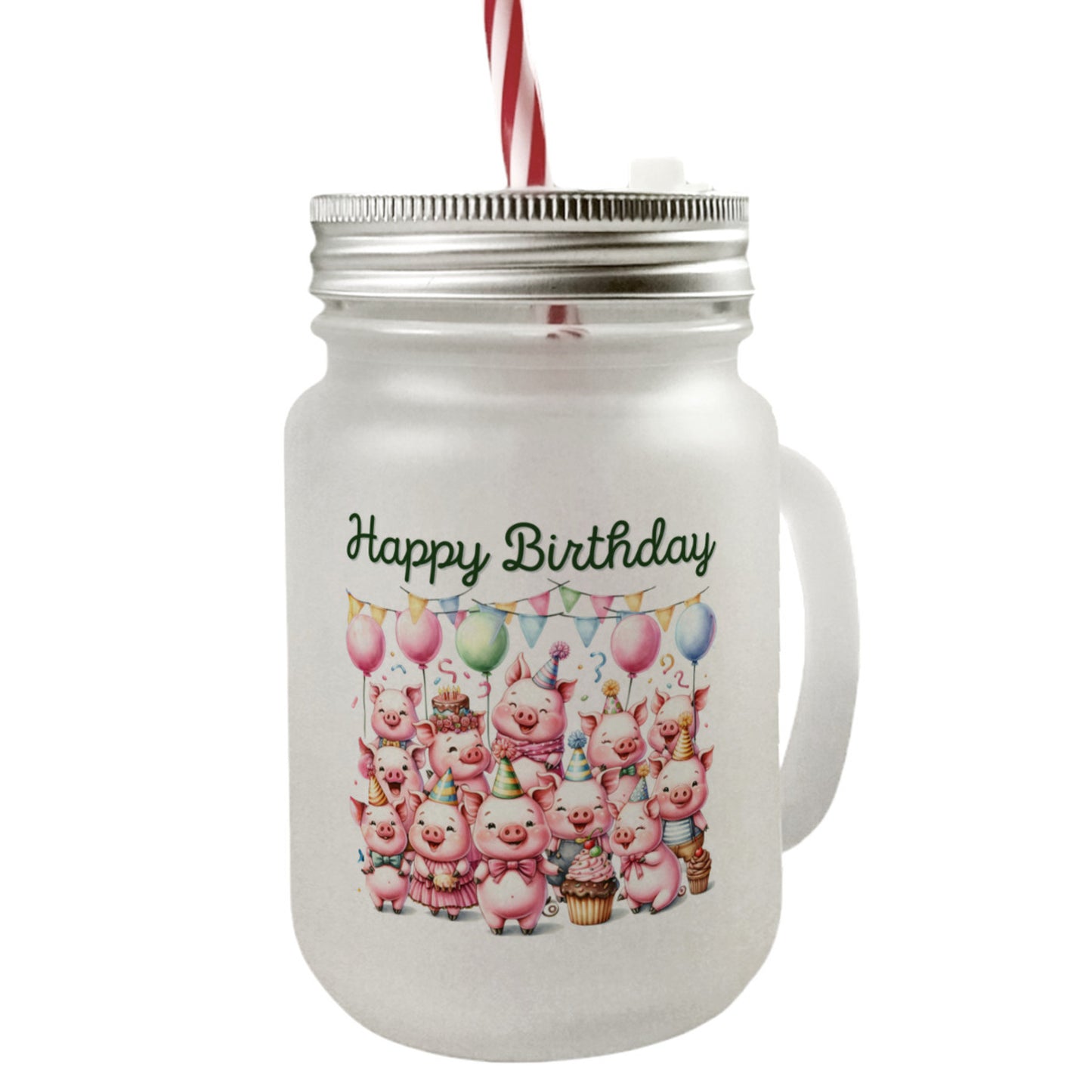 Schweine Party Mason Jar Henkel Trinkglas mit Deckel mit Spruch Happy Birthday