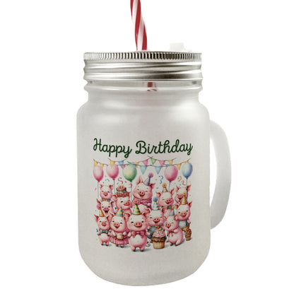 Schweine Party Mason Jar Henkel Trinkglas mit Deckel mit Spruch Happy Birthday