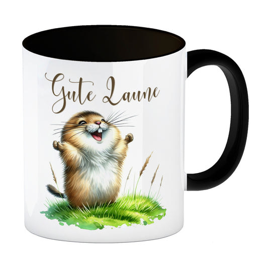 jubelnder Lemming Kaffeebecher in schwarz mit Spruch Gute Laune