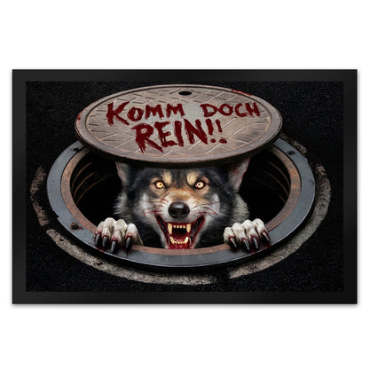 Werwolf unter Kanaldeckel Fußmatte XL in 40x60 cm - Komm doch rein