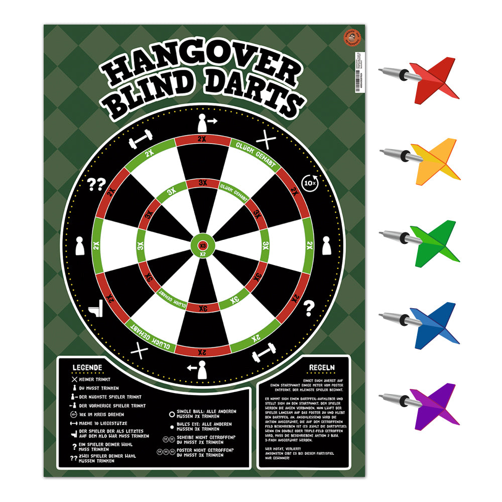 Hangover Blind Darts Trinkspiel mit 65 Dartpfeil-Aufklebern