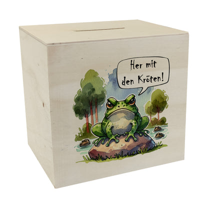 Griesgrämiger Frosch Spardose aus Holz mit Spruch Her mit den Kröten!