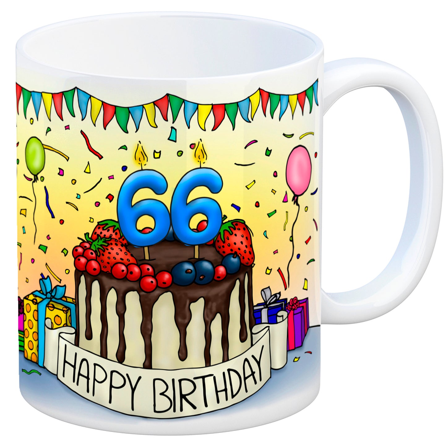 66. Geburtstag Tasse mit Kuchen und Geschenk und Anhänger: zum 24107. Tag