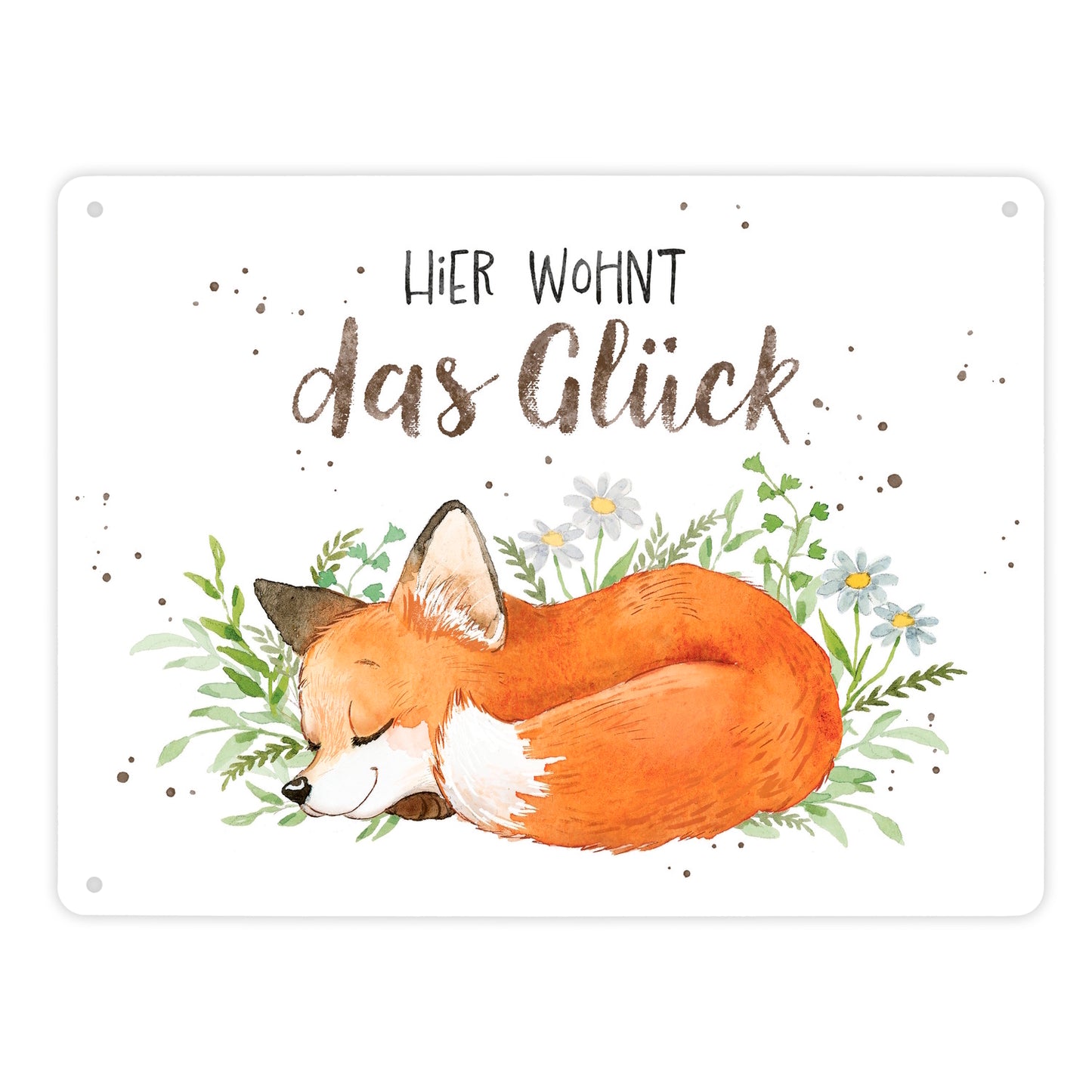 Fuchs Metallschild XL in 21x28 cm in weiß mit Spruch Hier wohnt das Glück