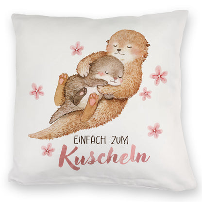 Otter Baby und Mutter Kuschelkissen mit Spruch Einfach zum Kuscheln