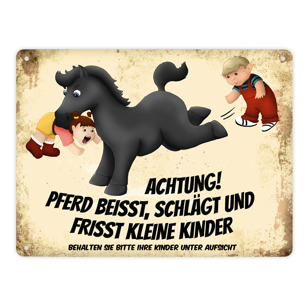 Metallschild XL mit schwarzes Pferd Motiv und Spruch: Achtung! Pferd beisst, schlägt ...