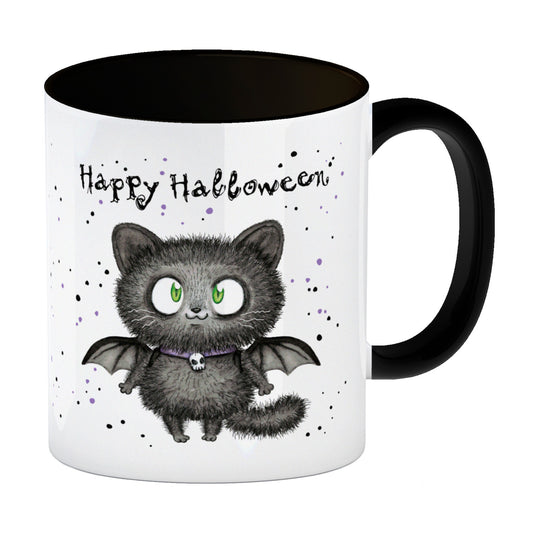 Happy Halloween Kaffeebecher in schwarz mit schwarzer Fledermaus-Katze