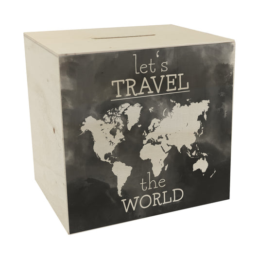 Spardose aus Holz mit Weltkarten Motiv und Text - let's travel the world in Schwarz