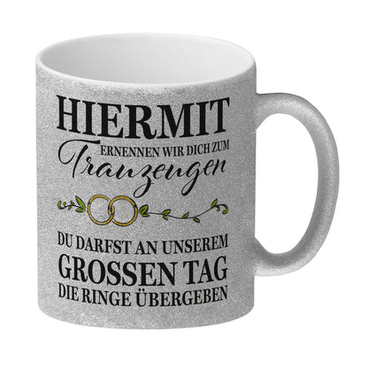 Trauzeuge Ringübergabe Glitzer-Kaffeebecher mit Spruch