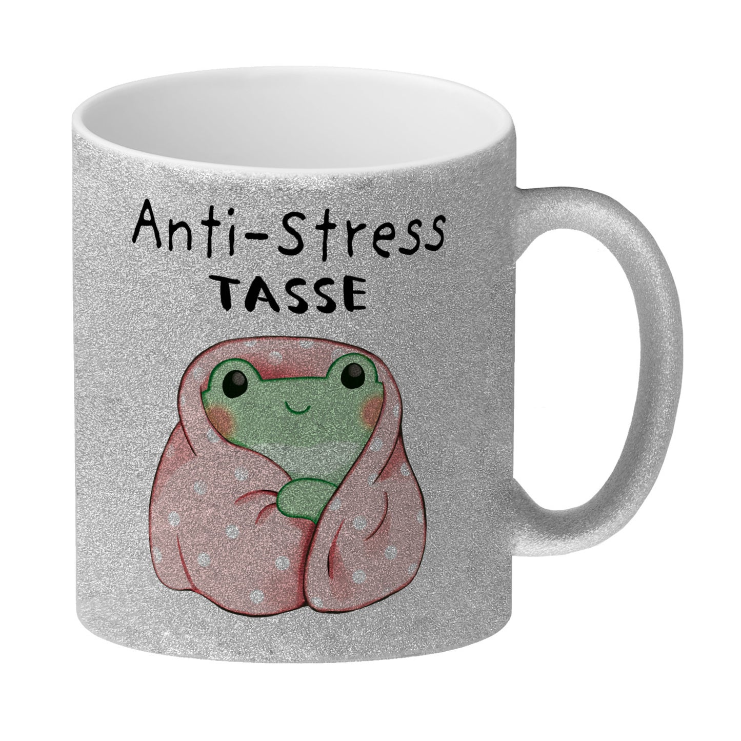 Frosch in rosa Decke mit Spruch Anti-Stress Tasse