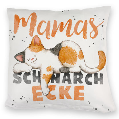 Orange Katze Kuschelkissen mit Spruch Mamas Schnarchecke