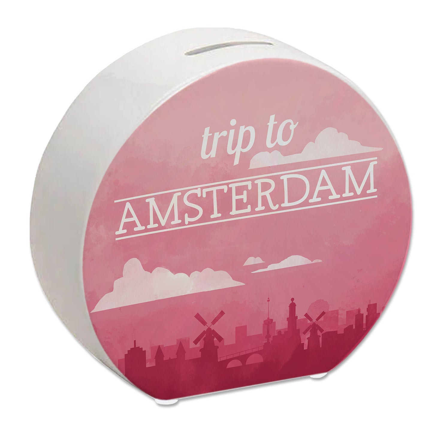 Spardose mit schönem Motiv und Text - Trip to Amsterdam in rot