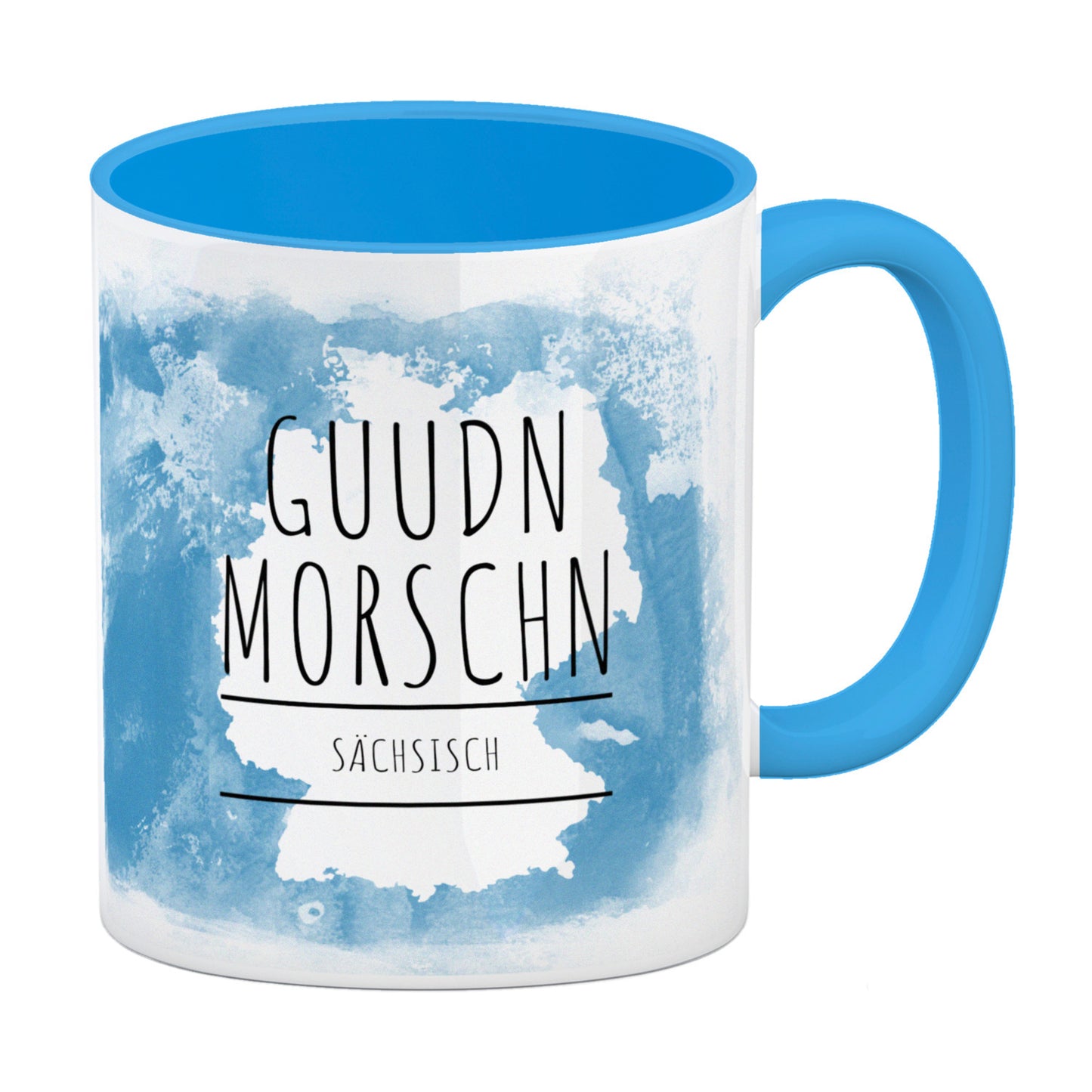 Hallo auf Sächsisch Guudn Morschen lustiger Kaffeebecher Hellblau mit blauem Hintergrund