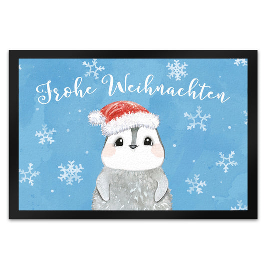 Pinguin mit Weihnachtsmütze Fußmatte XL in 40x60 cm in blau und Spruch Frohe Weihnachten