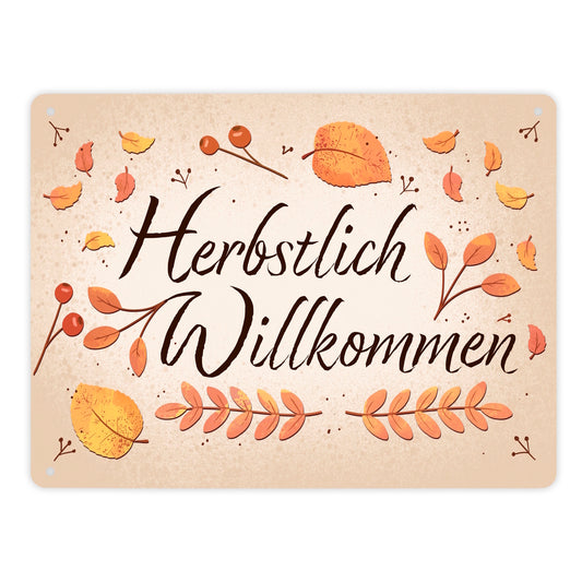 Herbstlich Willkommen Metallschild XL in 21x28 cm mit bunten Blättern