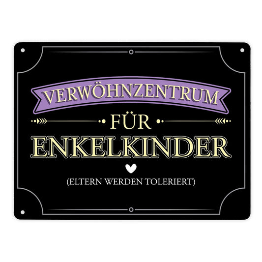 Verwöhnzentrum für Enkelkinder Metallschild XL in 21x28 cm mit lustigem Spruch für Großeltern