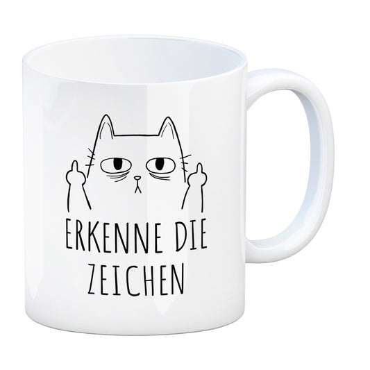 Katze mit Mittelfinger Kaffeebecher mit Spruch Erkenne die Zeichen