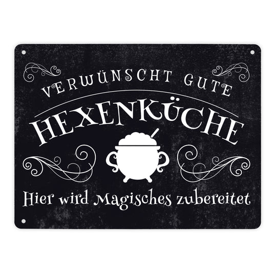 Verwünscht gute Hexenküche Halloween Metallschild XL in 21x28 cm mit lustigem Spruch