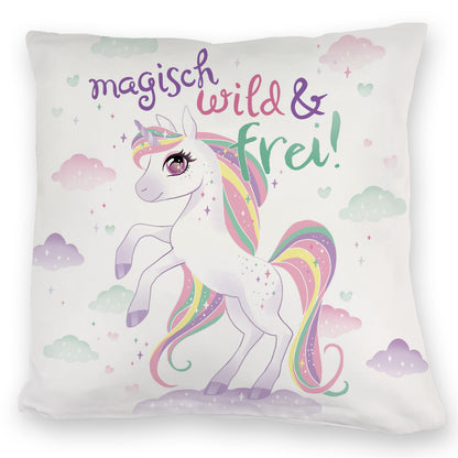 Einhorn Kuschelkissen mit Spruch Magisch wild und frei