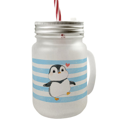 Pinguin Mason Jar Henkel Trinkglas mit Deckel im Aquarell-Stil