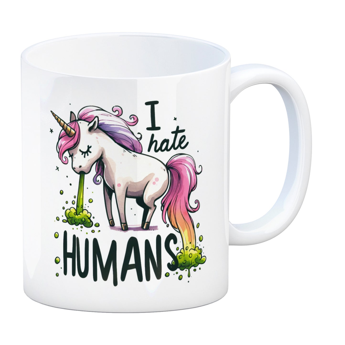 Kotzendes Einhorn Kaffeebecher mit Spruch I hate Humans