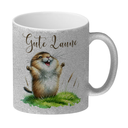 jubelnder Lemming Glitzer-Kaffeebecher mit Spruch Gute Laune