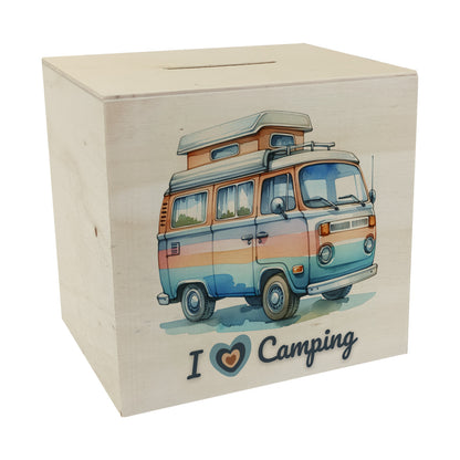 Campervan Spardose aus Holz mit Spruch I love Camping