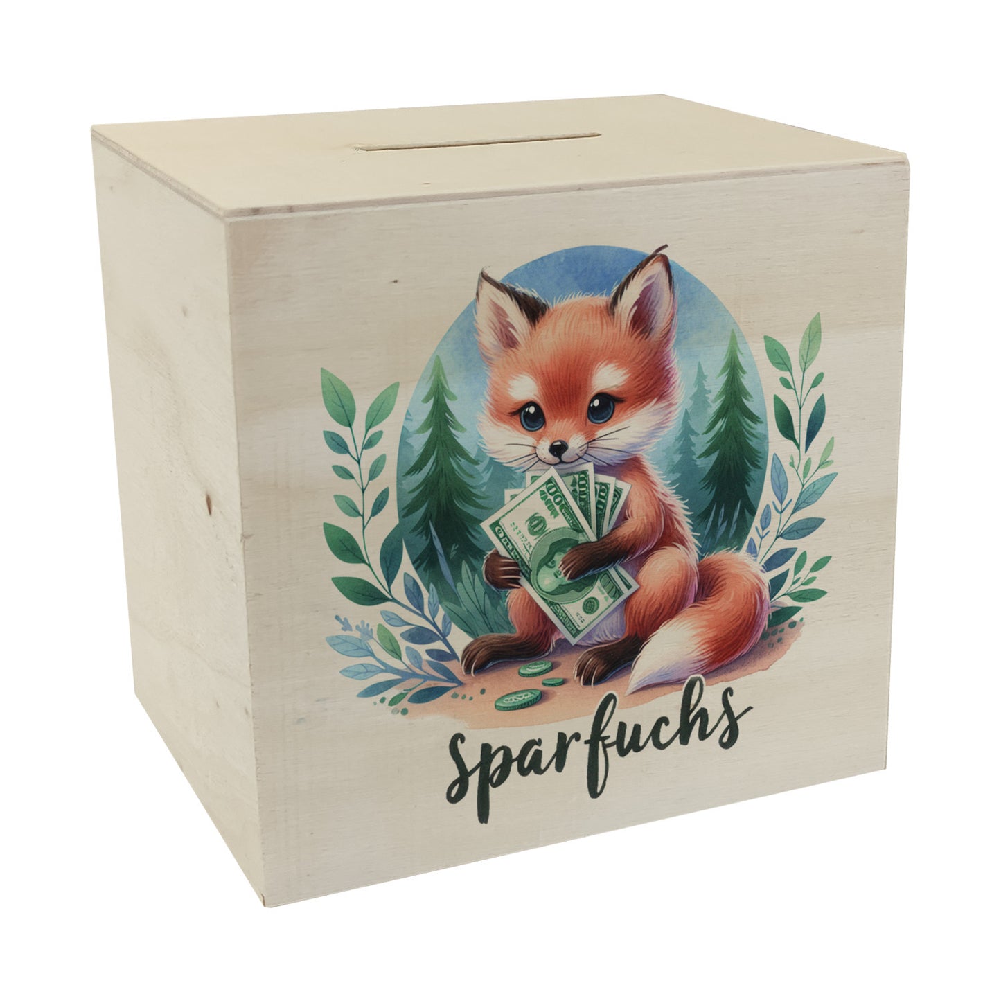 Babyfuchs Spardose aus Holz mit Spruch Sparfuchs