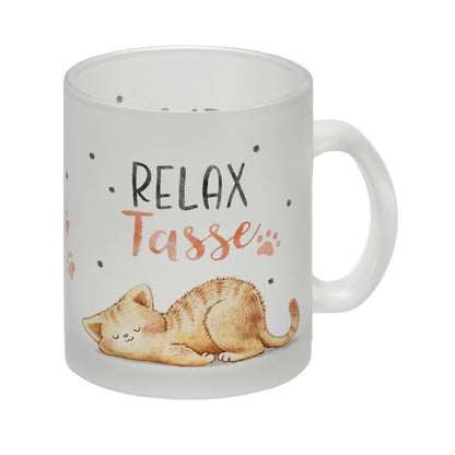 Relaxte Katze Glas Tasse mit Spruch Relax Tasse