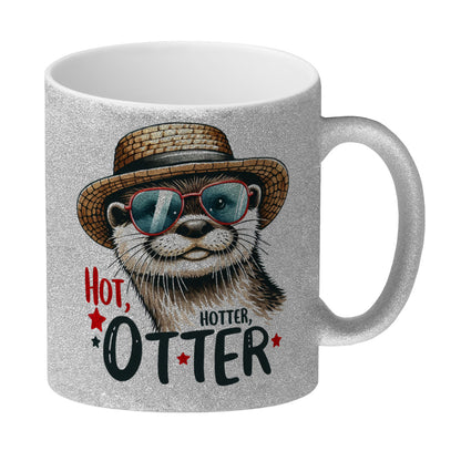 Otter mit Sonnenbrille und Strohhut Glitzer-Kaffeebecher mit Spruch Hot Hotter Otter