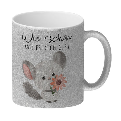 Chinchilla Glitzer-Kaffeebecher mit Spruch Wie schön dass es dich gibt